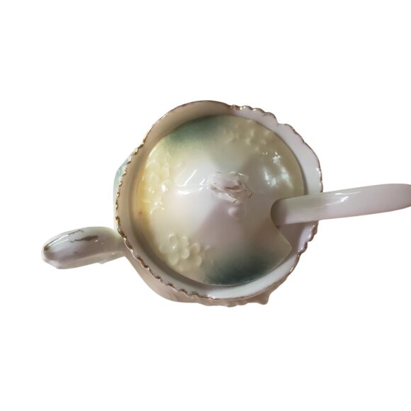 Antique Prussia China Small Pot Lid Spoon Prussian Sugar Bowl Jam Pot Gold Trim - Picture 3 of 6